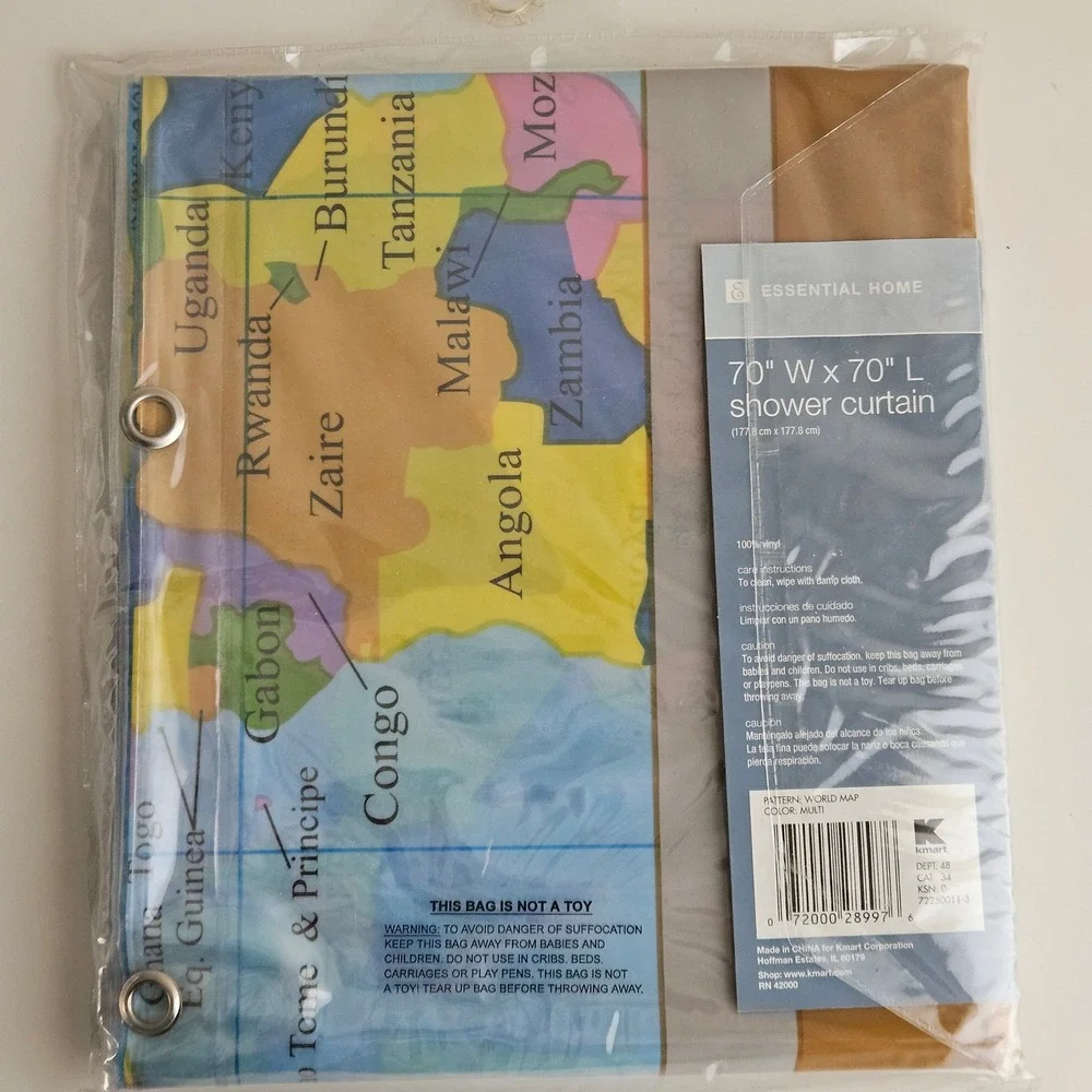 Essential Home World Map Shower Curtain 70x70 Vinyl NEW Educational Travel